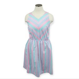 80s Plus Size Pastel Stripe Pinafore Dress Vneck Sleeveless Vintage Cotton Tea